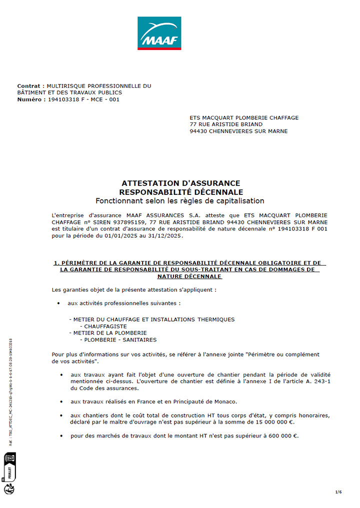 ATTESTATION D'ASSURANCE RESPONSABILITÉ DÉCENNALE